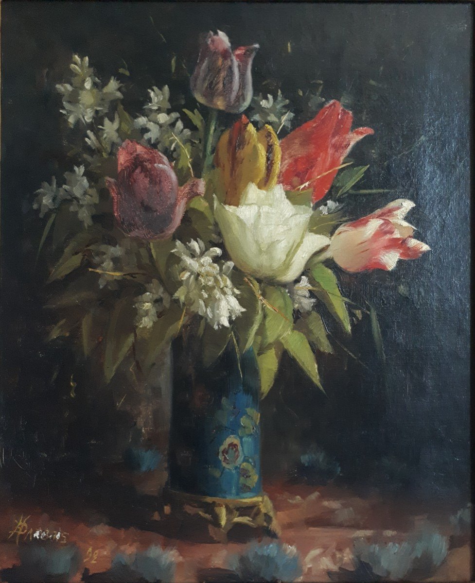 Henri Darbois (1865-1941) Oil On Canvas Still Life With Tulip Flowers 19th 1892-photo-2