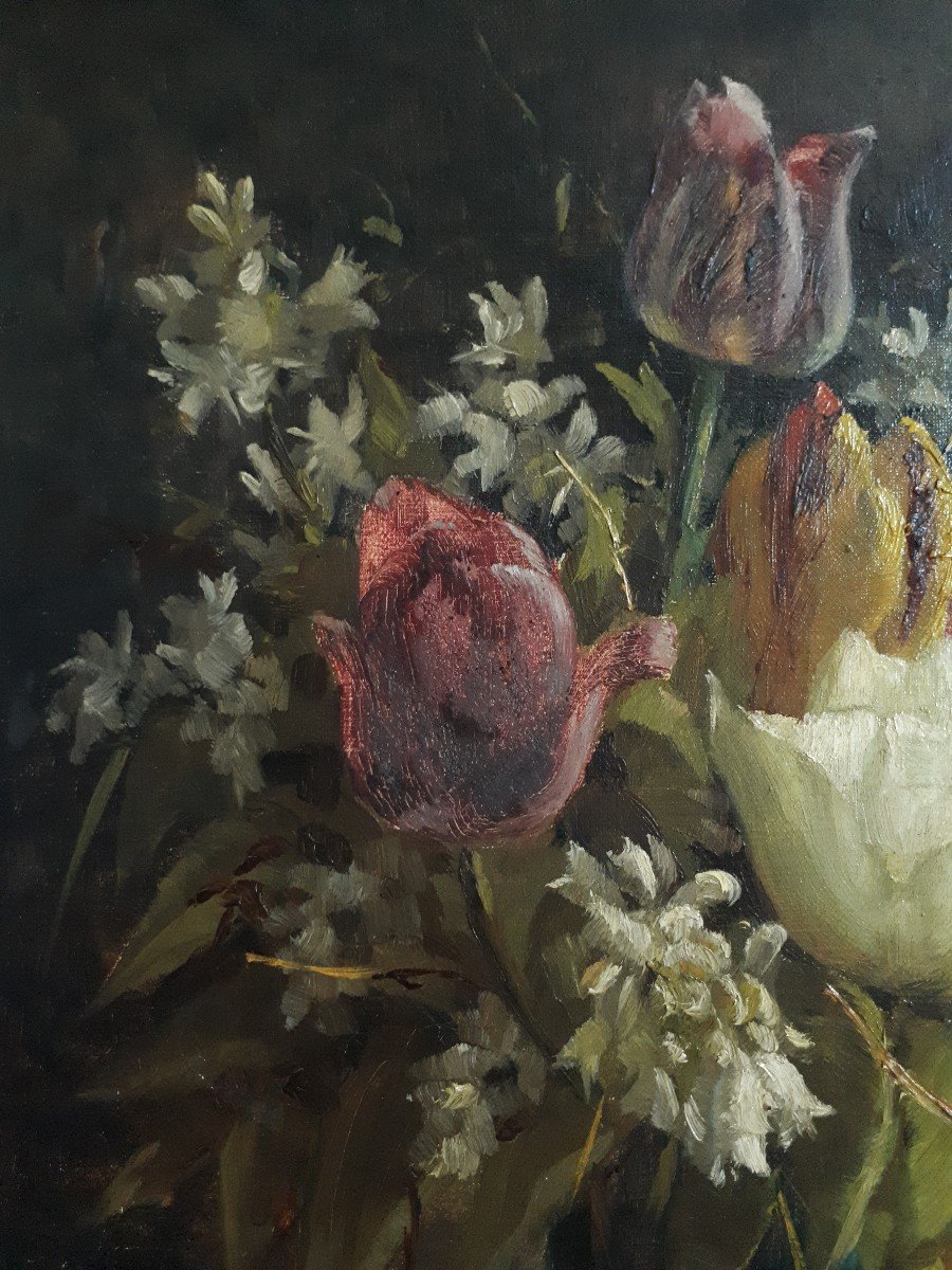 Henri Darbois (1865-1941) Oil On Canvas Still Life With Tulip Flowers 19th 1892-photo-4