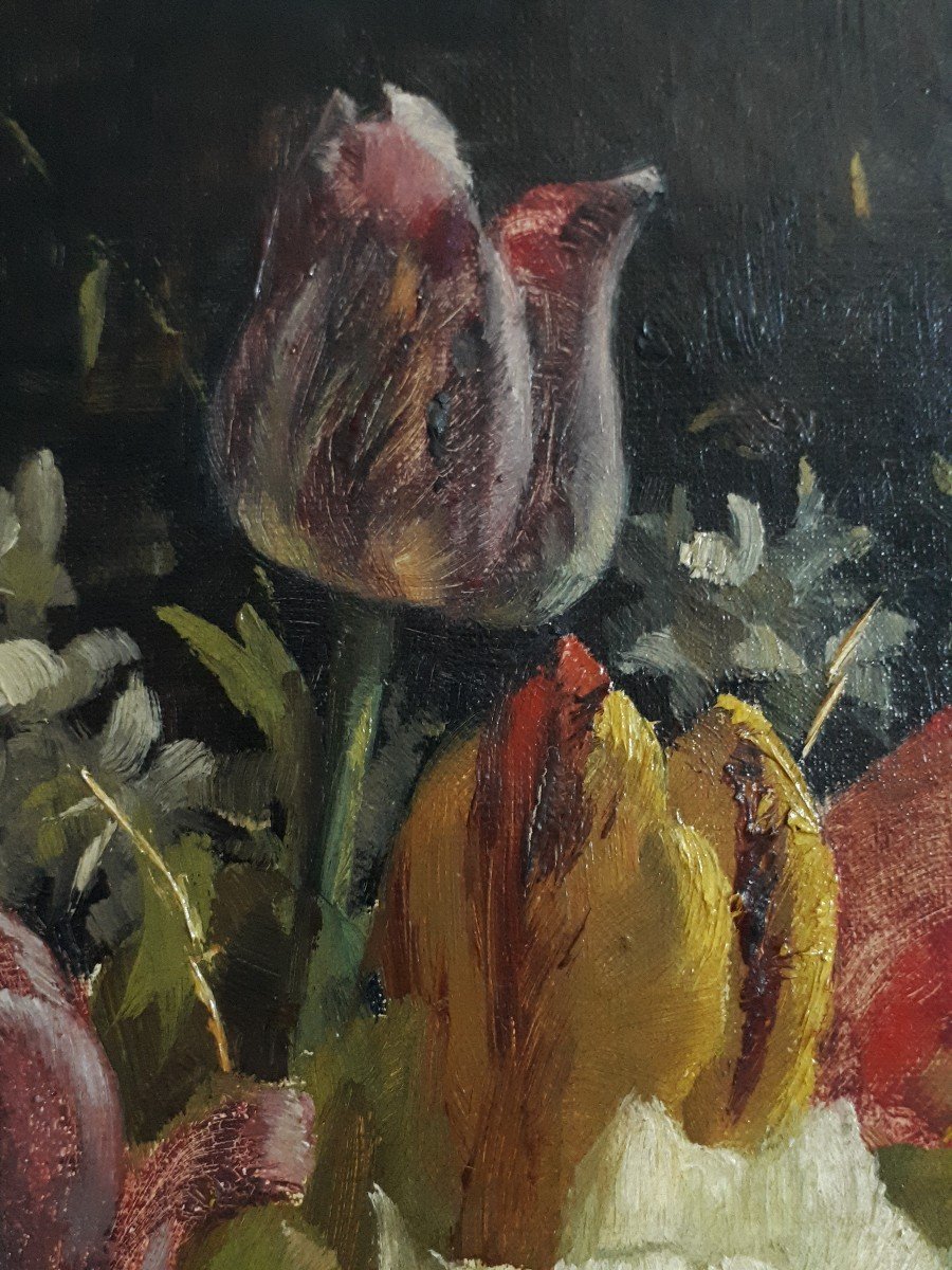 Henri Darbois (1865-1941) Oil On Canvas Still Life With Tulip Flowers 19th 1892-photo-4