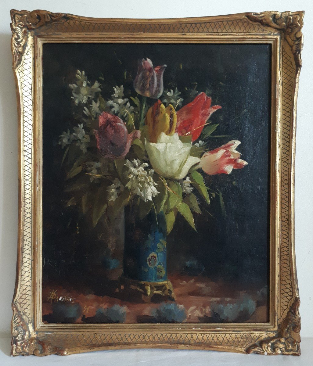 Henri Darbois (1865-1941) Oil On Canvas Still Life With Tulip Flowers 19th 1892