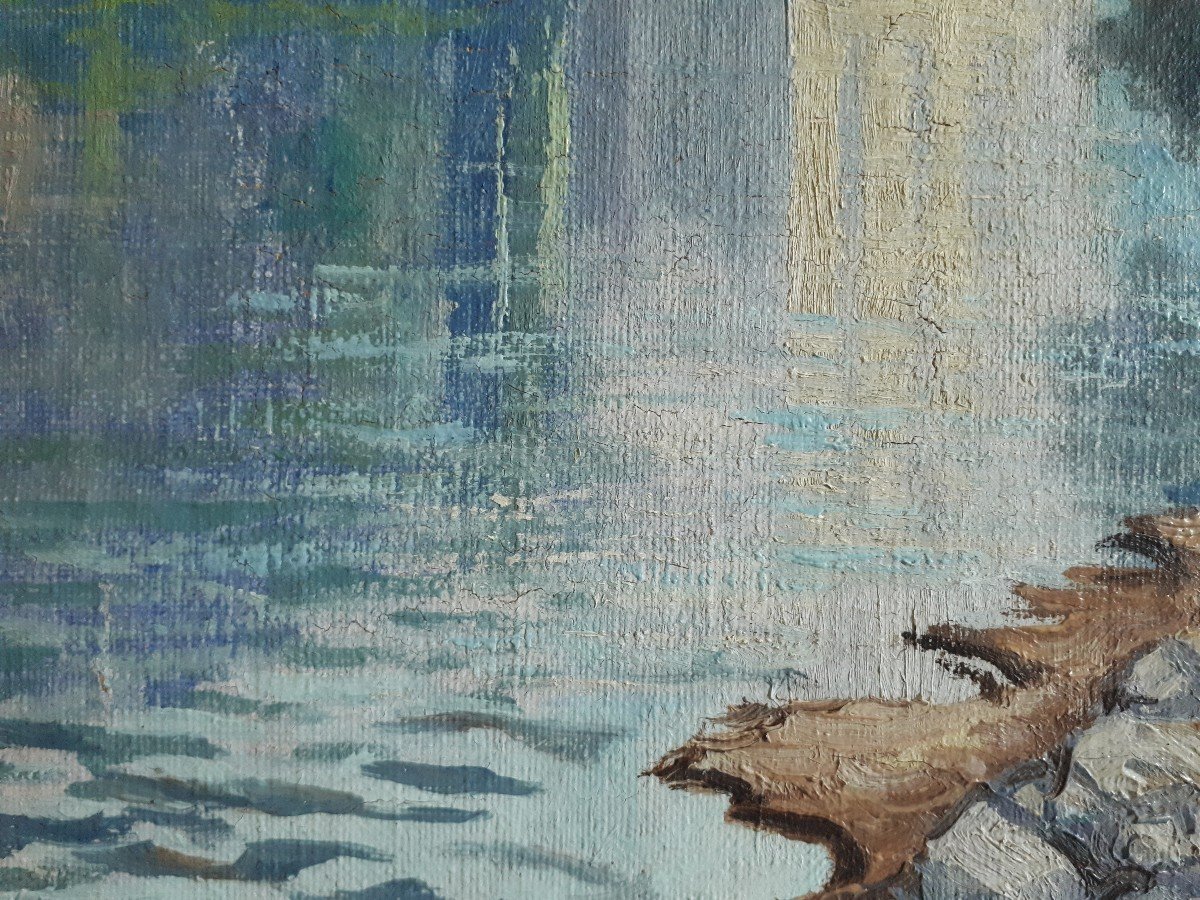Tableau huile sur toile paysage lacustre J. ELHINGER-photo-2