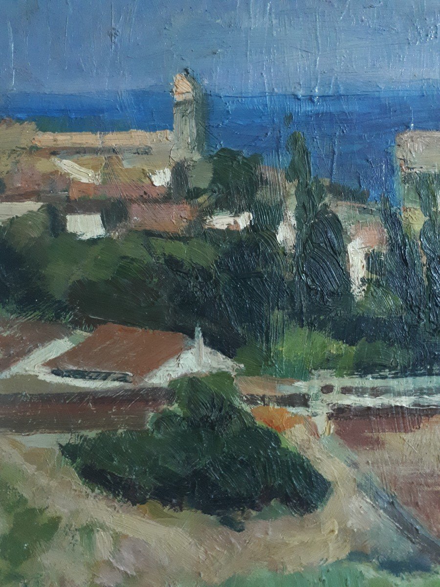 Painting Oil On Panel Provençal Landscape By The Sea D. Mantel-photo-4