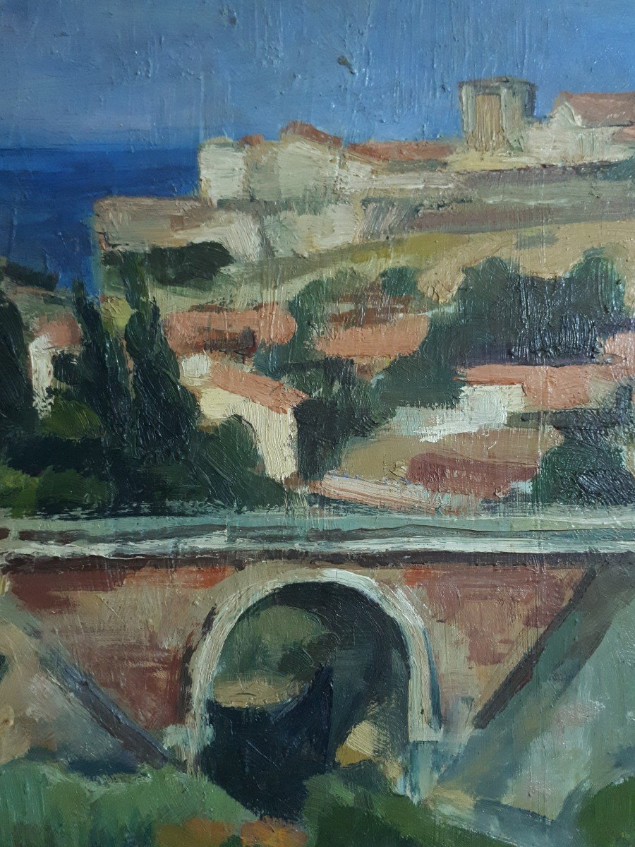 Painting Oil On Panel Provençal Landscape By The Sea D. Mantel-photo-1