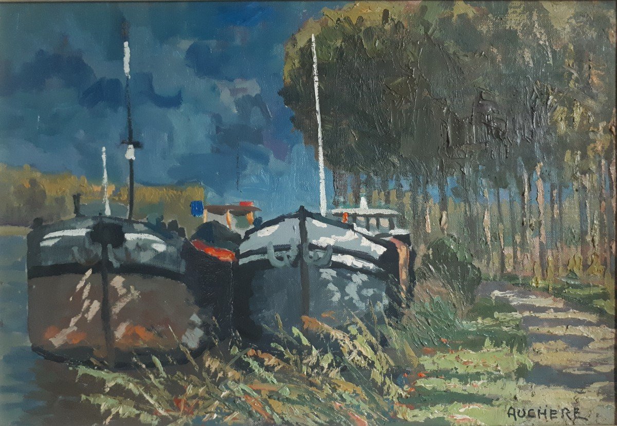 Henri Auchere (1908-2000) Oil On Canvas River Landscape Barges-photo-2