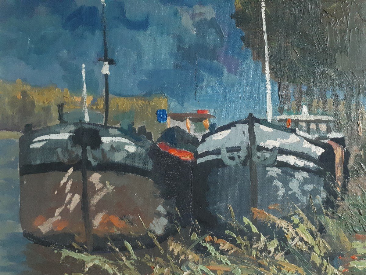 Henri Auchere (1908-2000) Oil On Canvas River Landscape Barges-photo-3