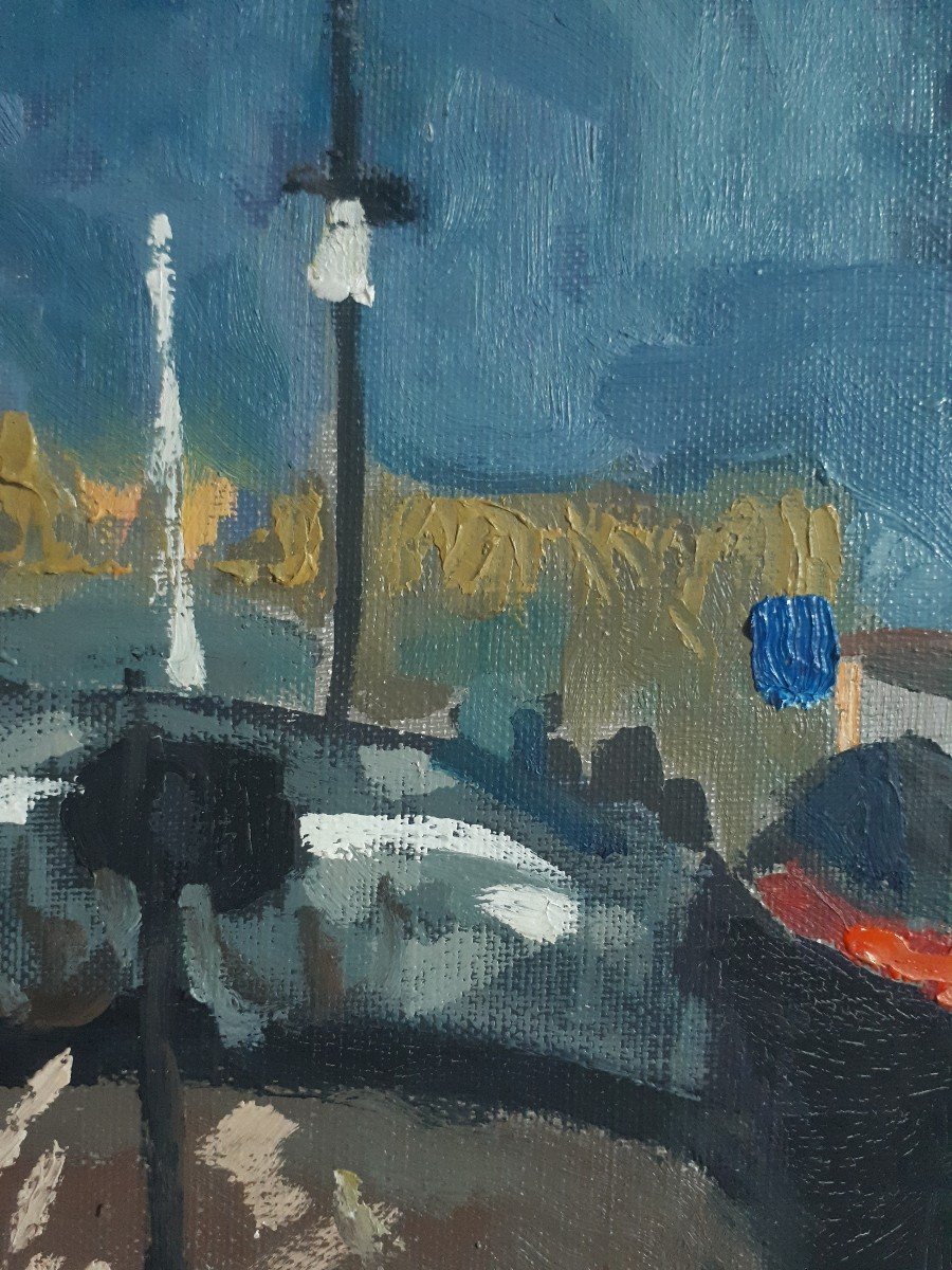 Henri Auchere (1908-2000) Oil On Canvas River Landscape Barges-photo-4