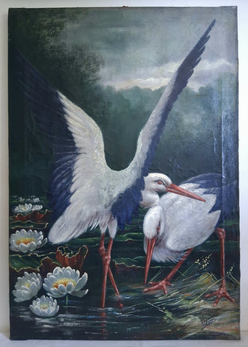Henrick Hoppe Animal Painter Oil On Canvas Storks 1908