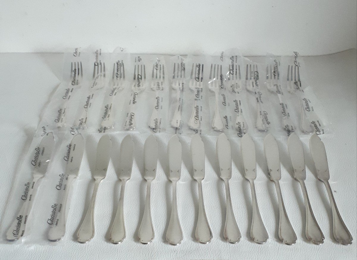 Christofle 12 Fish Cutlery 24 Pieces Pompadour Model Silver Metal