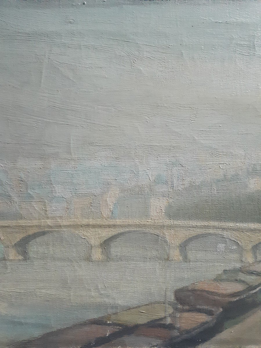 Oil On Canvas L. Cambrillat View Of Lyon The Pont Du Change Quays Of The Saône Barges-photo-3