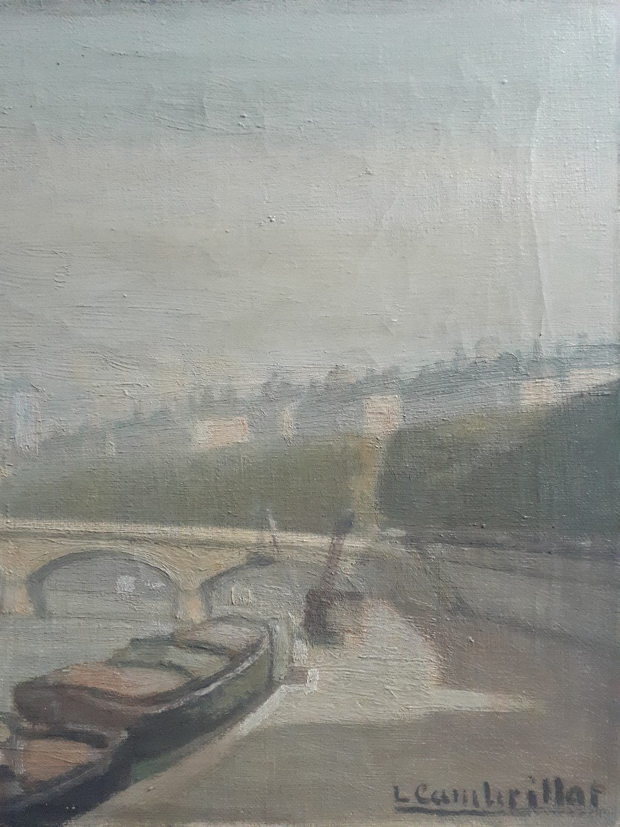 Oil On Canvas L. Cambrillat View Of Lyon The Pont Du Change Quays Of The Saône Barges-photo-4