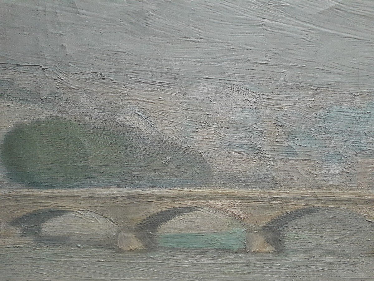 Oil On Canvas L. Cambrillat View Of Lyon The Pont Du Change Quays Of The Saône Barges-photo-1