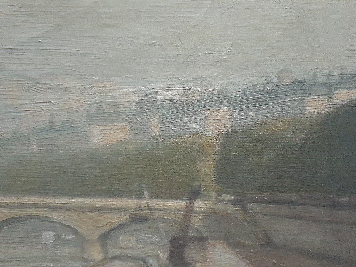Oil On Canvas L. Cambrillat View Of Lyon The Pont Du Change Quays Of The Saône Barges-photo-3