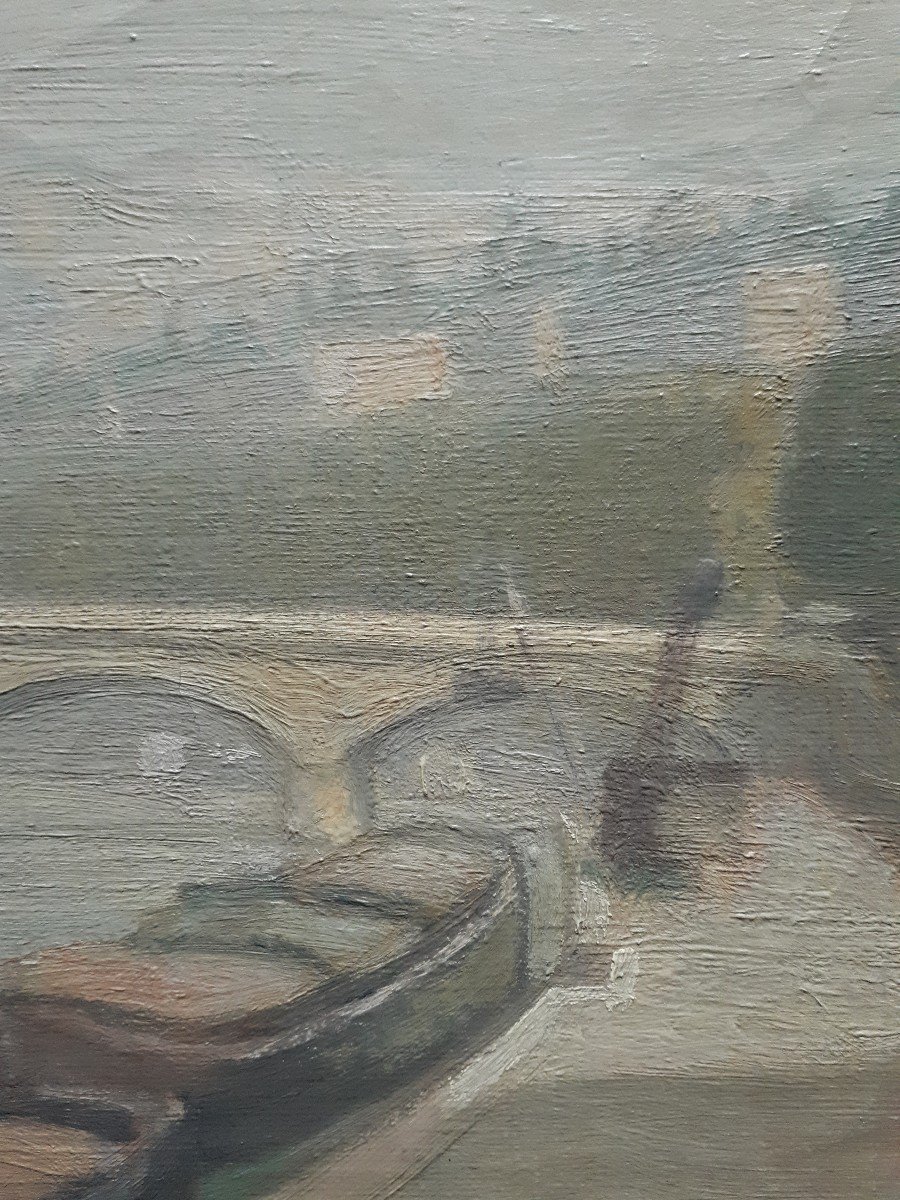 Oil On Canvas L. Cambrillat View Of Lyon The Pont Du Change Quays Of The Saône Barges-photo-6