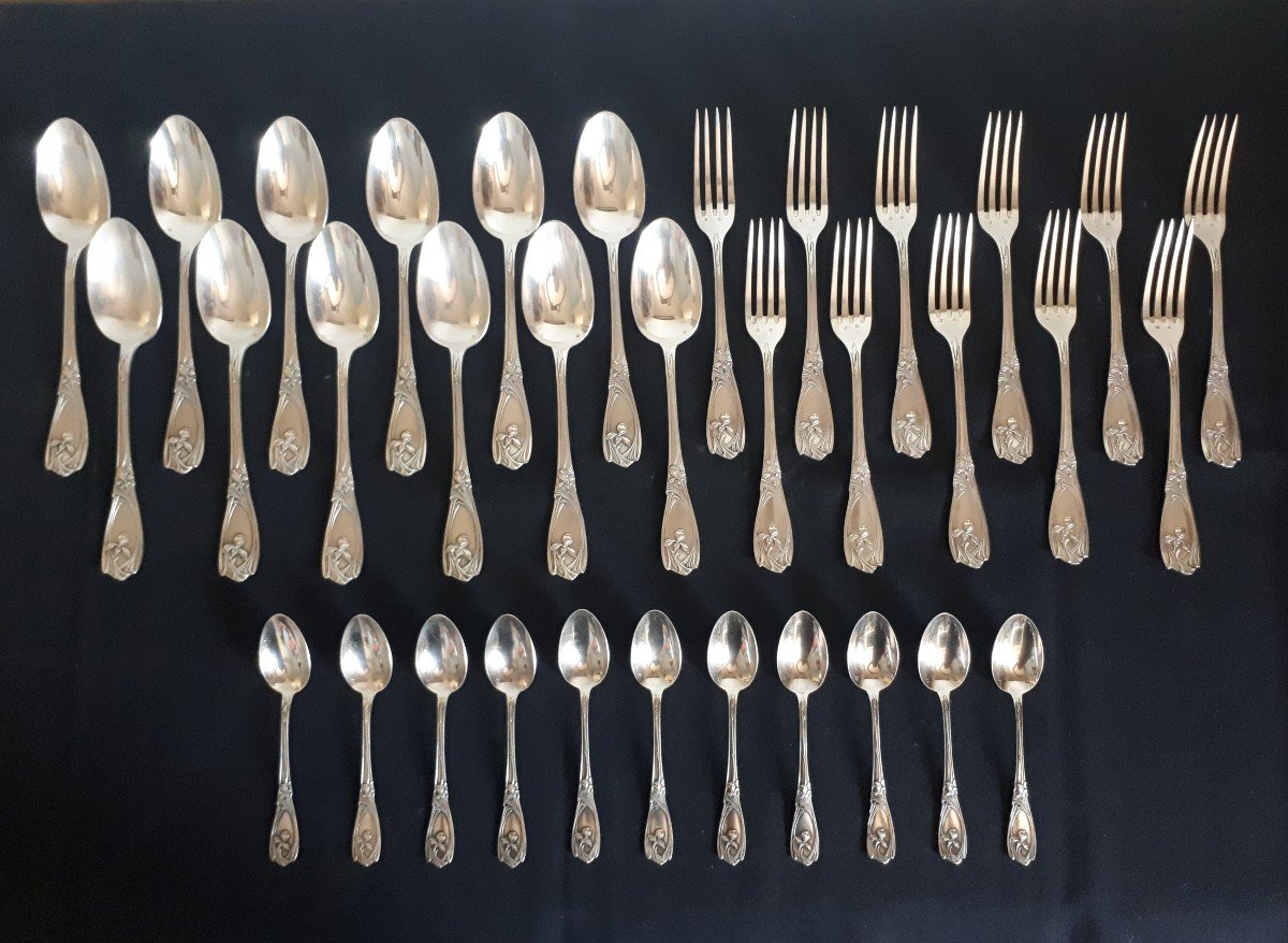 Cutlery Spoons Forks 34 Pieces Silver Metal Goldsmith Jb 1900 Art Nouveau Iris Decor-photo-2