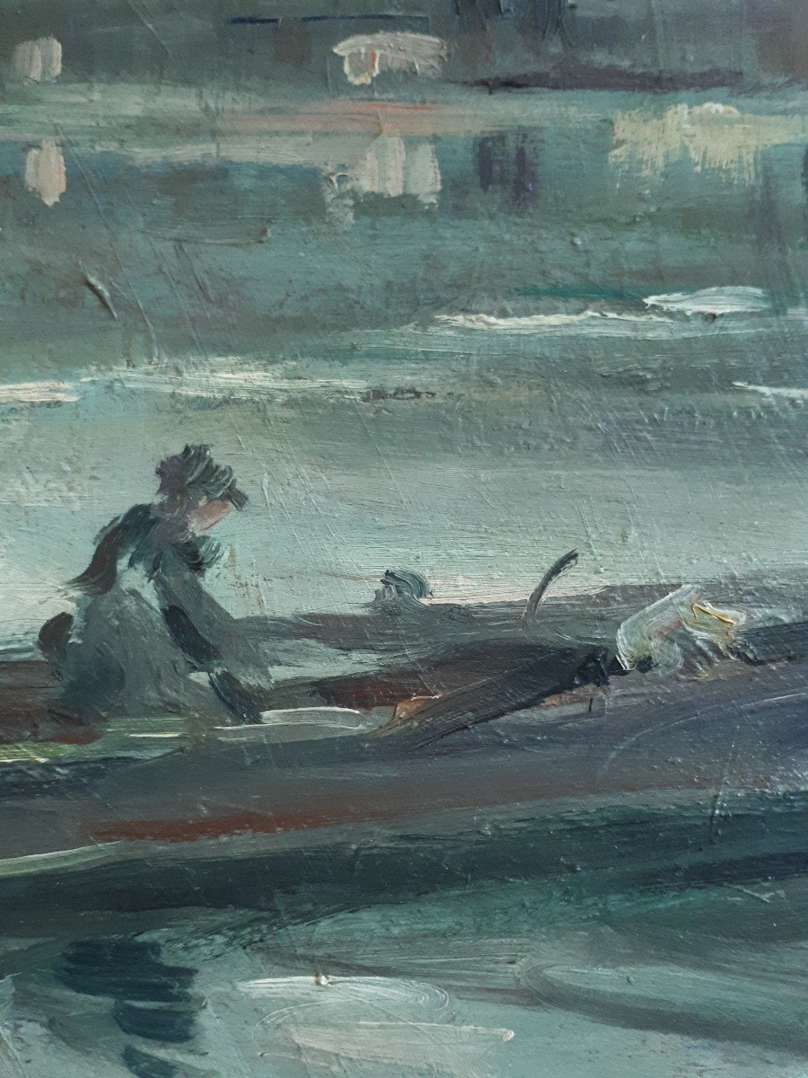 Oil On Canvas Marine Seascape At Dusk Boat Late 19th Impressionism-photo-2