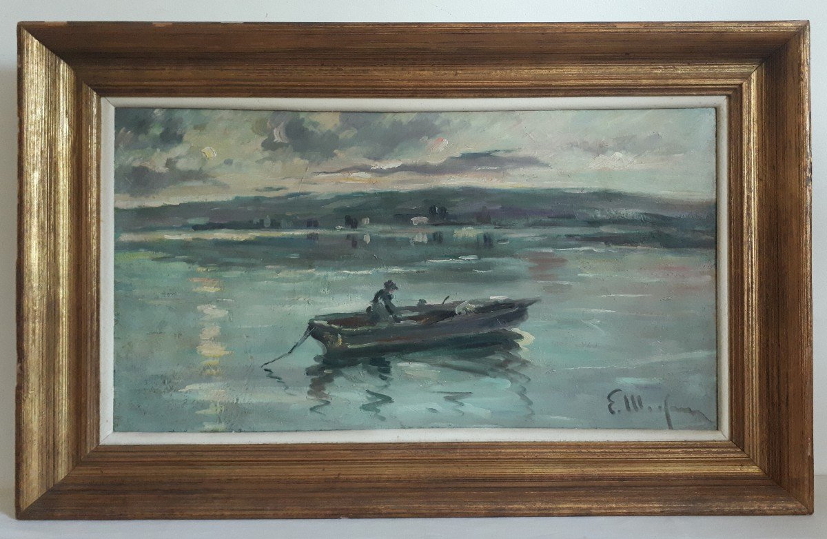 Oil On Canvas Marine Seascape At Dusk Boat Late 19th Impressionism