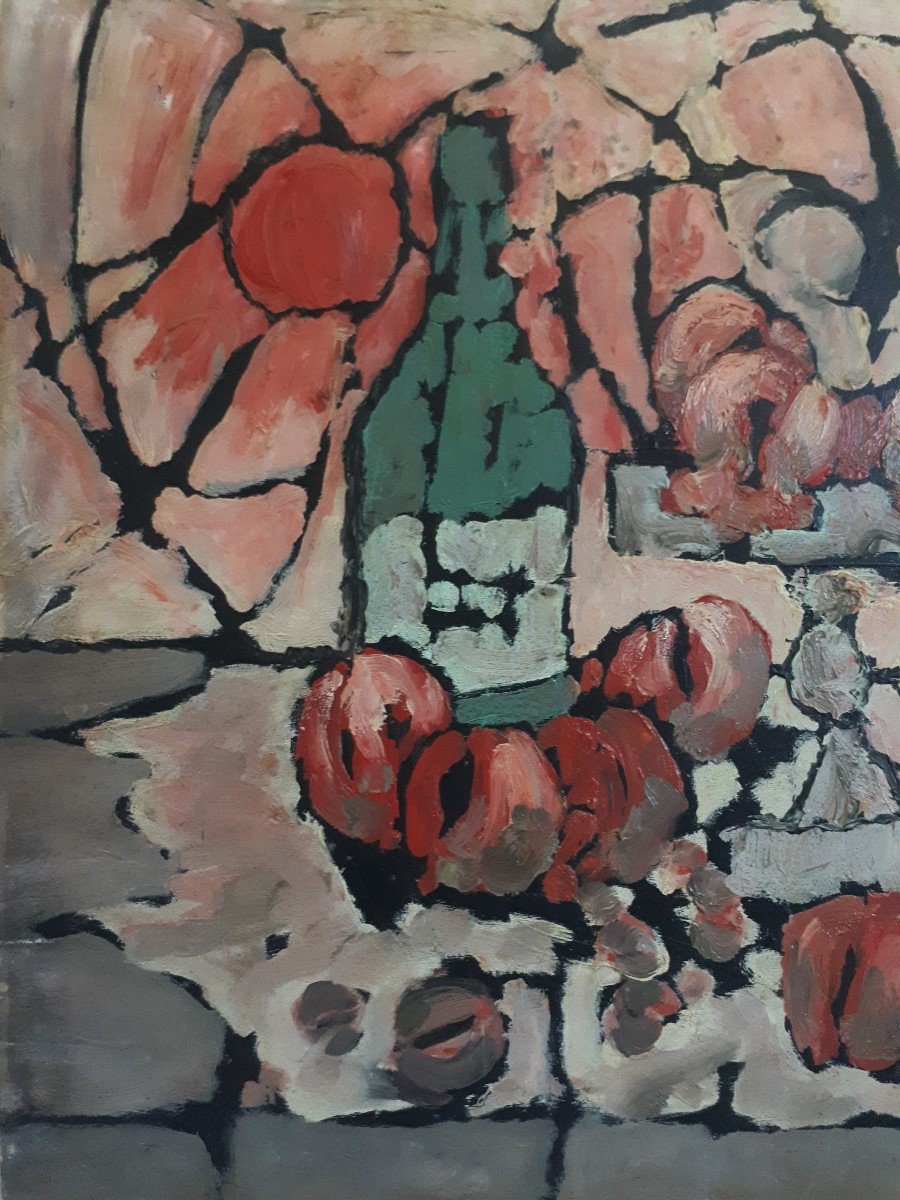 Oil On Panel Still Life Fruits Bottle 1968-photo-2