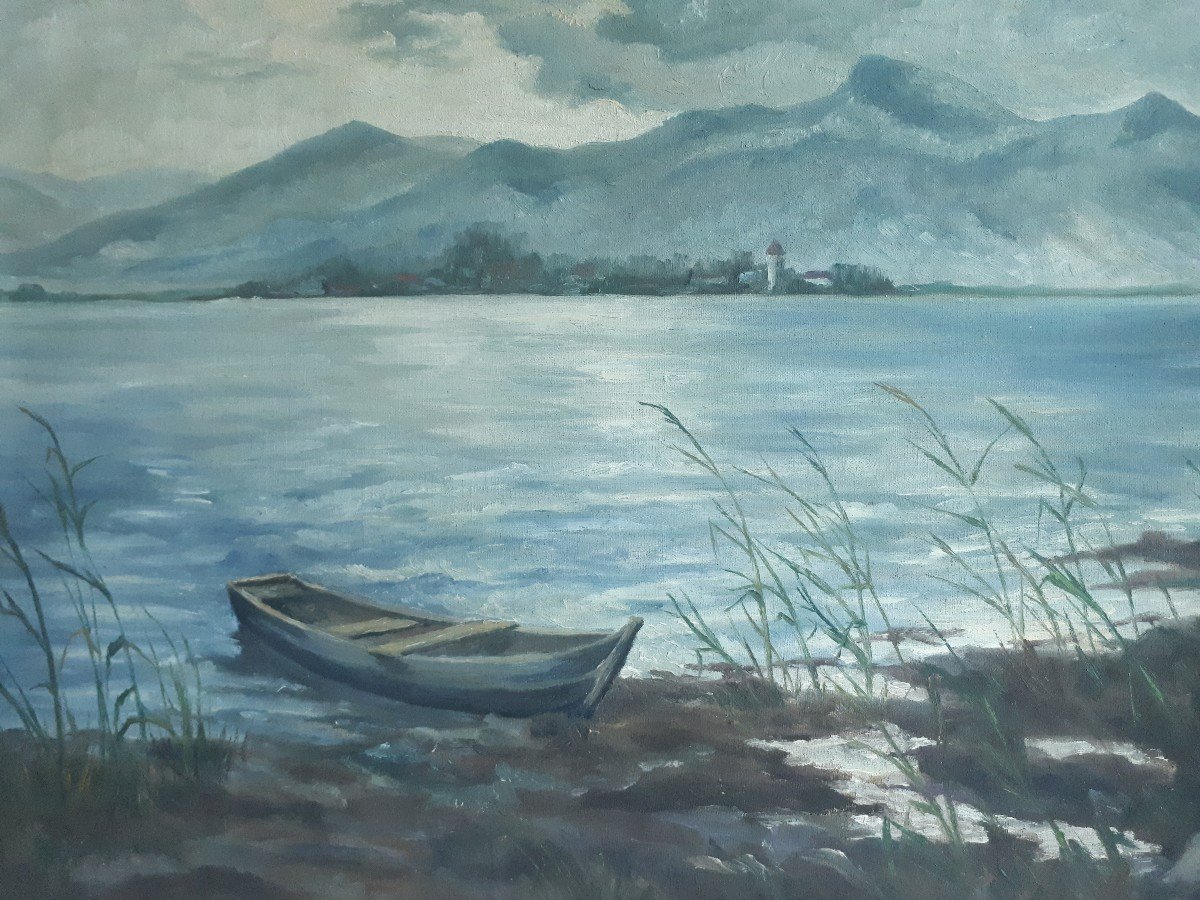 Oil On Canvas Lake Landscape Lake Mountain  Boat C. Schmidt-photo-2
