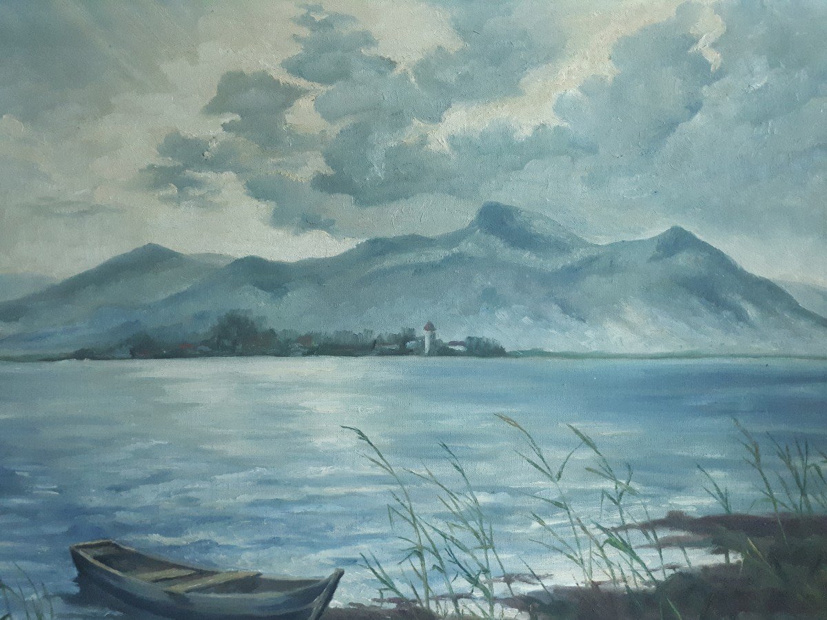 Huile sur toile paysage lacustre lac montagne barque C. SCHMIDT-photo-3