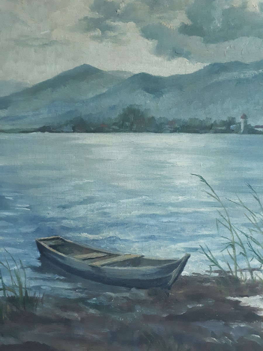 Oil On Canvas Lake Landscape Lake Mountain  Boat C. Schmidt-photo-4