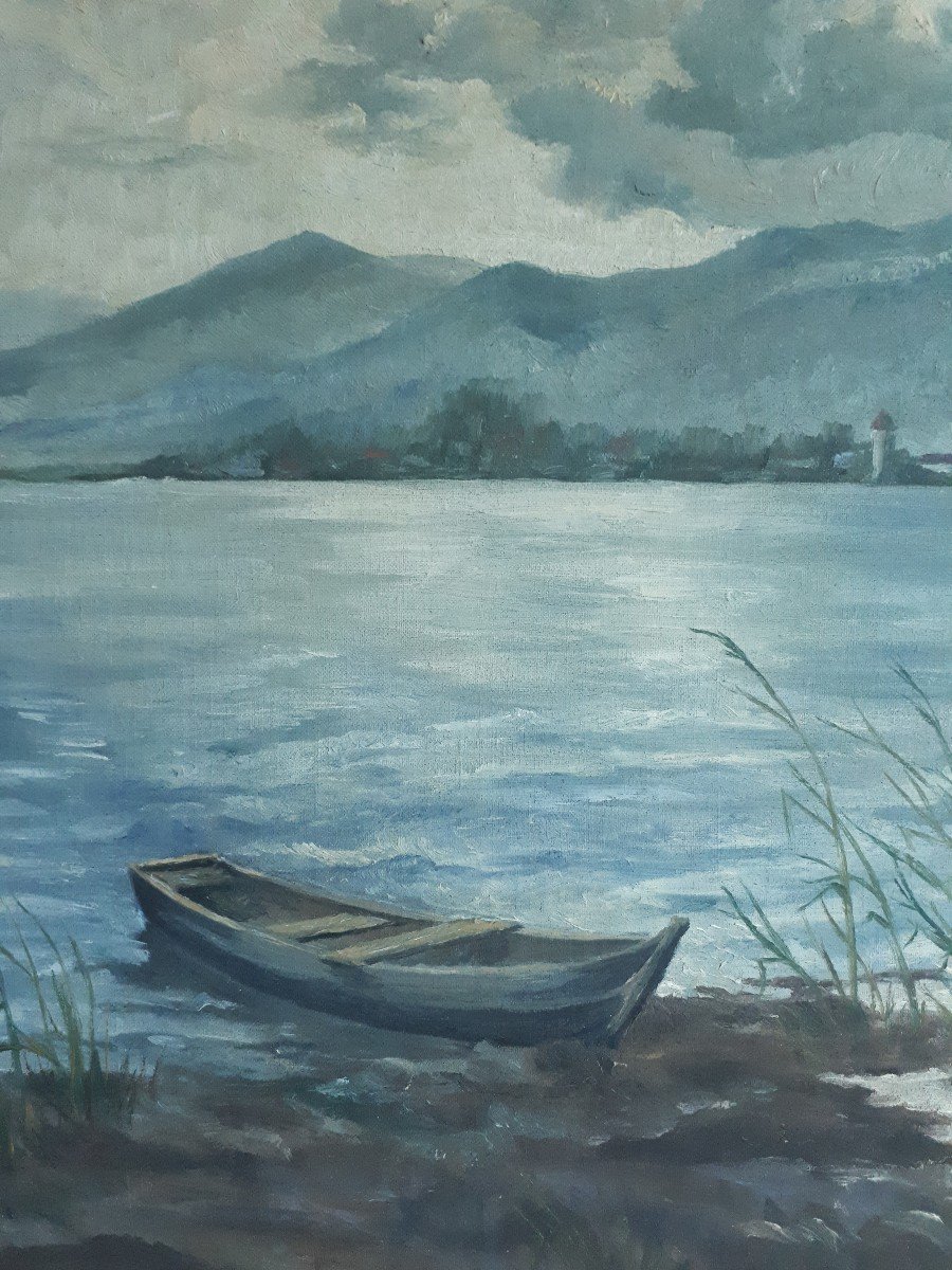 Oil On Canvas Lake Landscape Lake Mountain  Boat C. Schmidt-photo-4