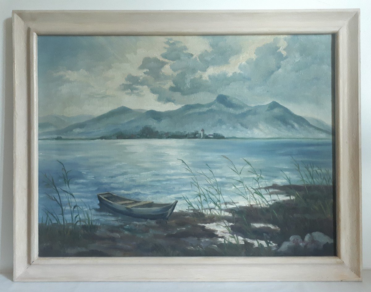 Huile sur toile paysage lacustre lac montagne barque C. SCHMIDT