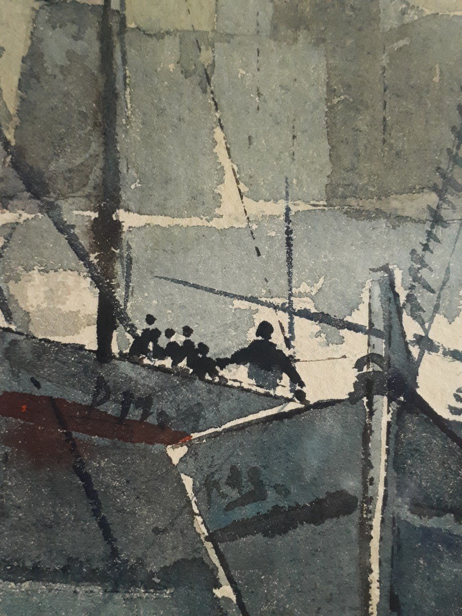 Aquarelle - Collioure le port - marine paysage marin bateaux (signé)-photo-5