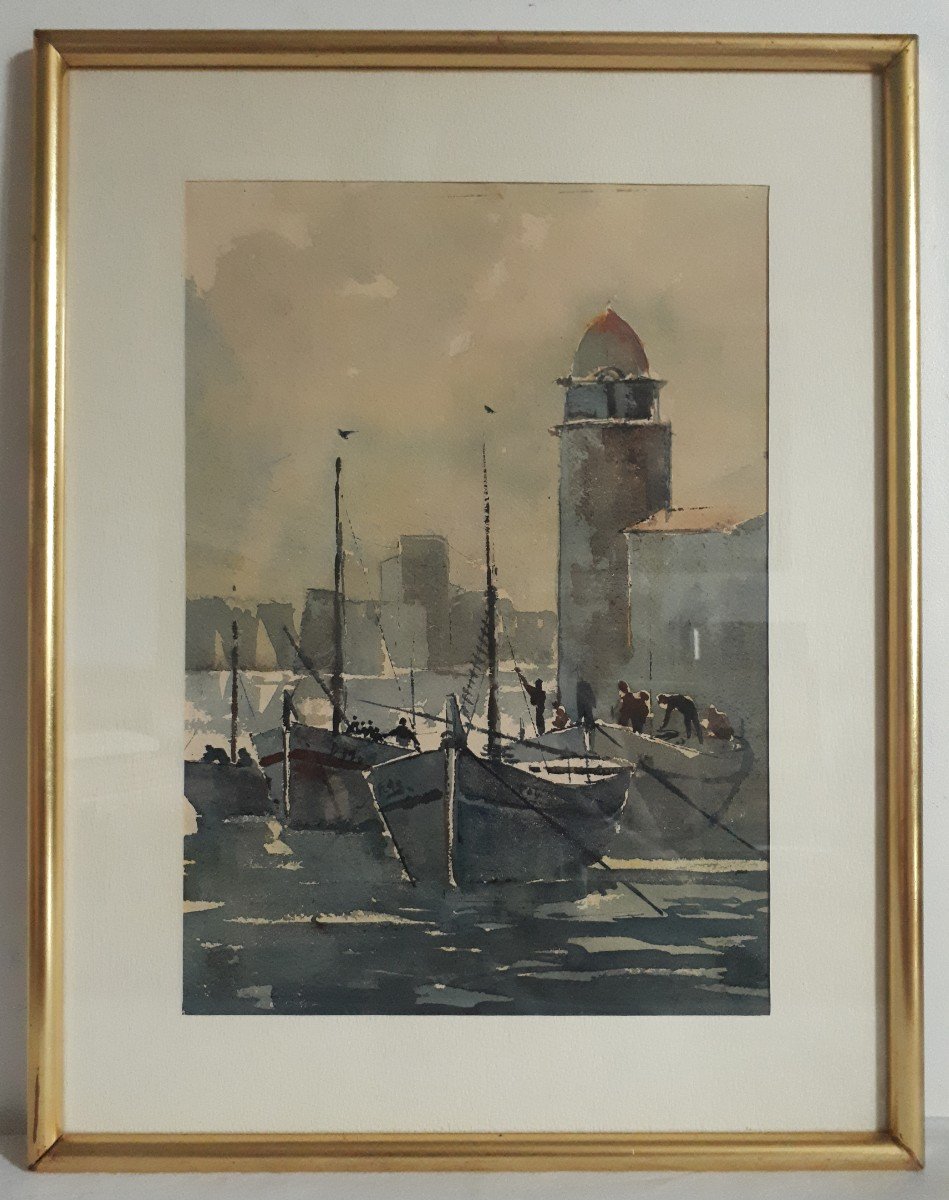Aquarelle - Collioure le port - marine paysage marin bateaux (signé)