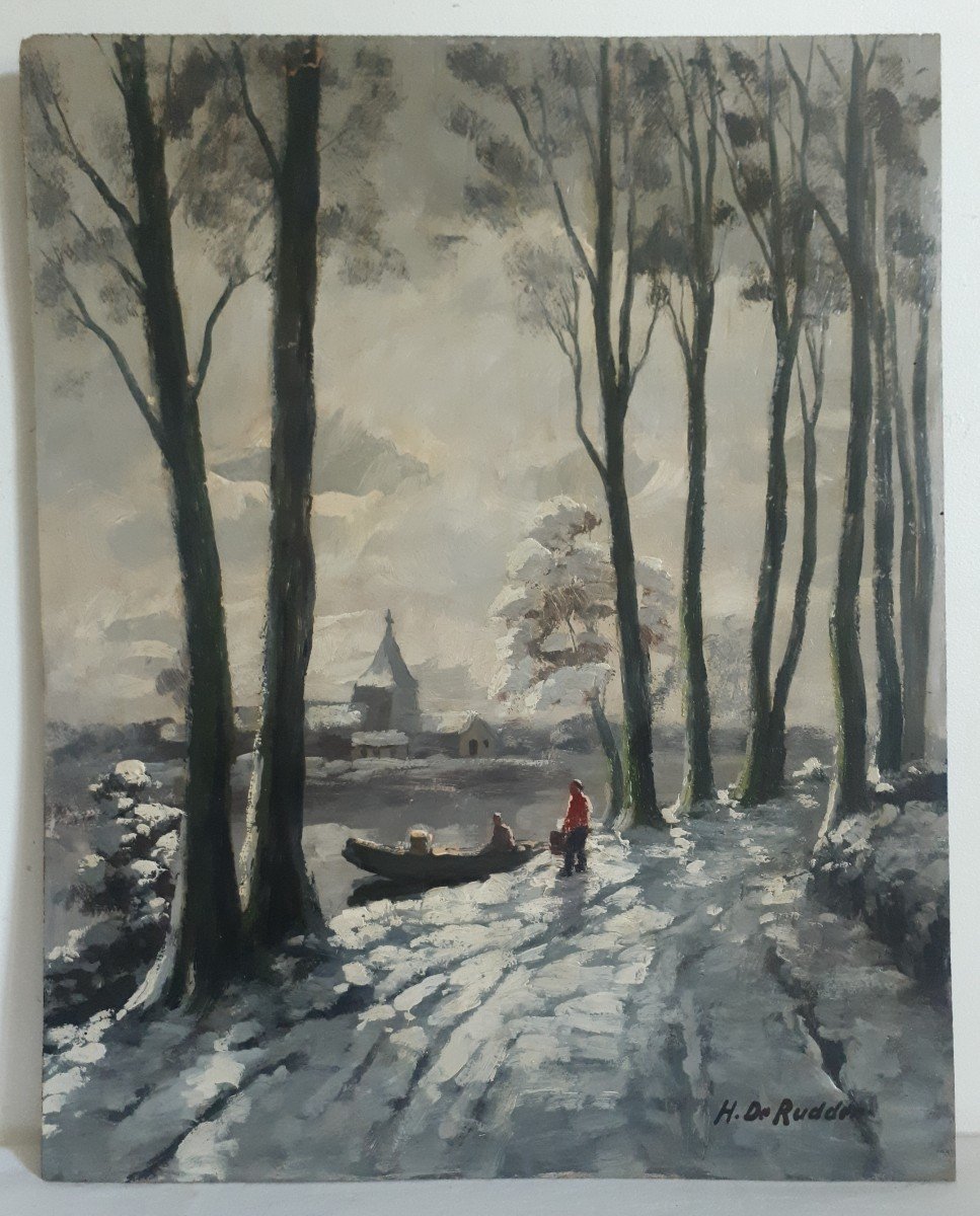 Huile sur bois paysage lacustre hivernal enneigé neige H. DE RUDDER-photo-2