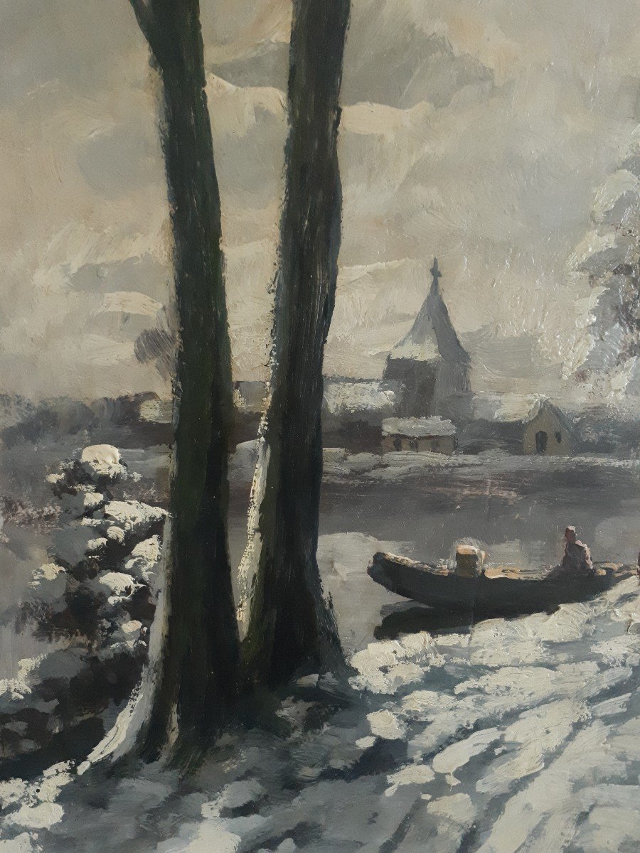 Oil On Wood Snowy Winter Lake Landscape H. De Rudder-photo-3