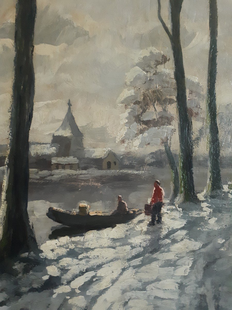 Oil On Wood Snowy Winter Lake Landscape H. De Rudder-photo-4