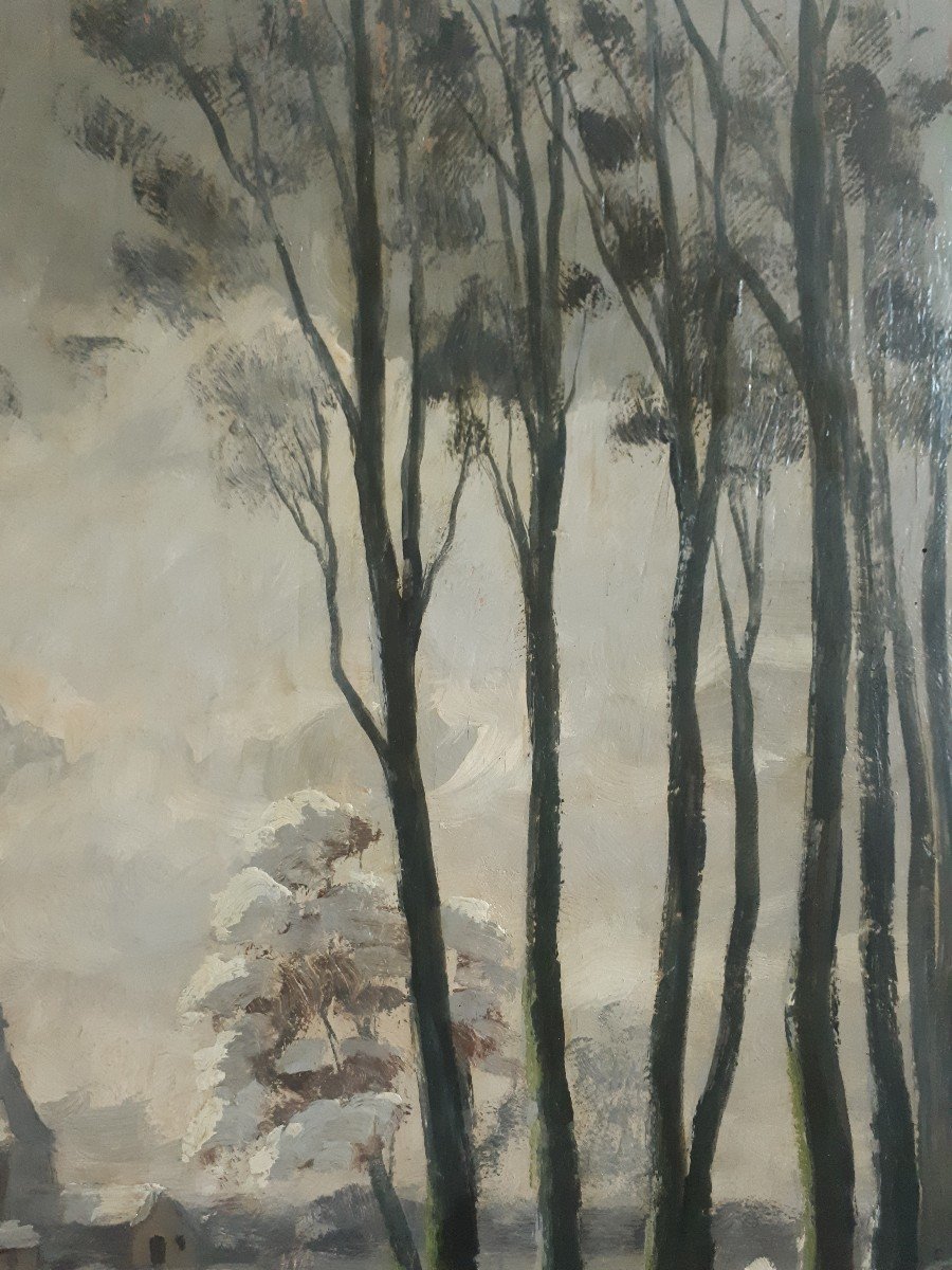 Huile sur bois paysage lacustre hivernal enneigé neige H. DE RUDDER-photo-2