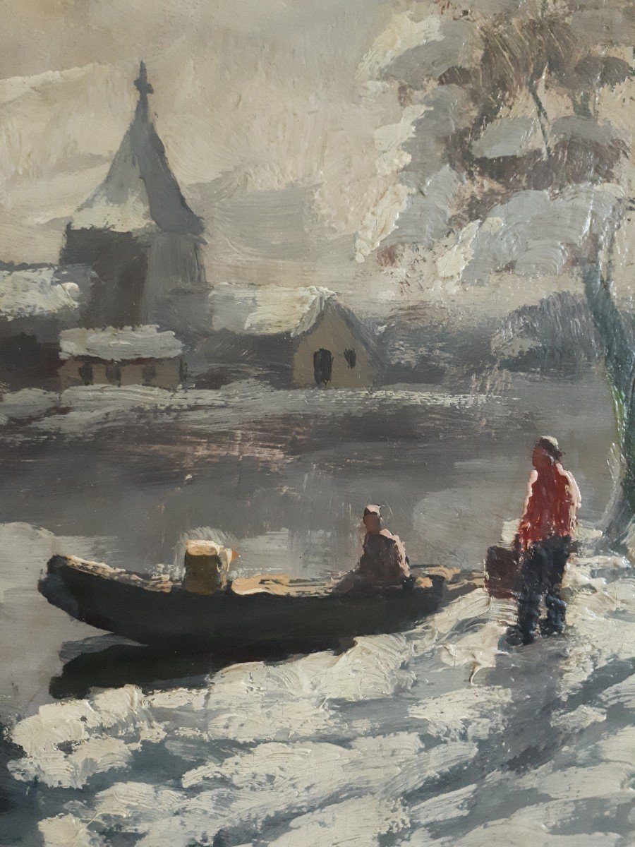 Huile sur bois paysage lacustre hivernal enneigé neige H. DE RUDDER-photo-3
