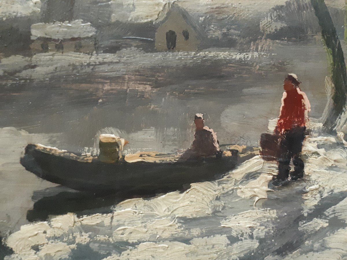 Huile sur bois paysage lacustre hivernal enneigé neige H. DE RUDDER-photo-4