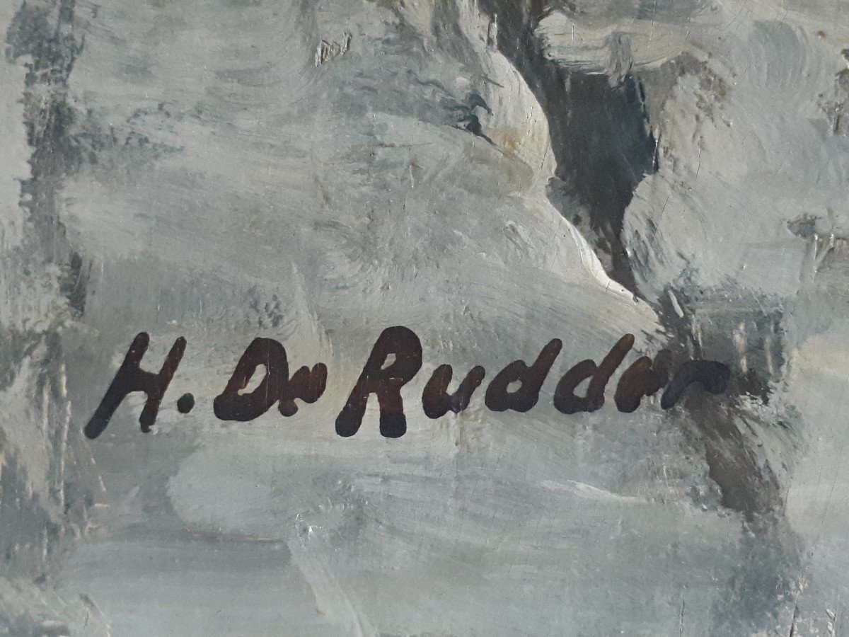 Huile sur bois paysage lacustre hivernal enneigé neige H. DE RUDDER-photo-6