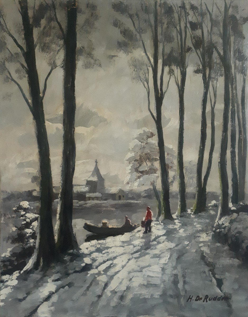 Huile sur bois paysage lacustre hivernal enneigé neige H. DE RUDDER