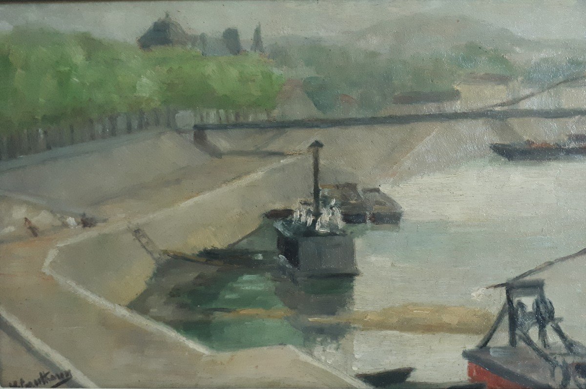 Huile sur bois paysage fluvial péniches fleuve H. GAUTHERIN -photo-2