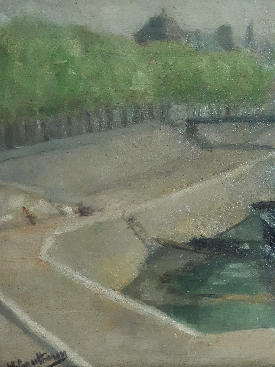 Huile sur bois paysage fluvial péniches fleuve H. GAUTHERIN -photo-3