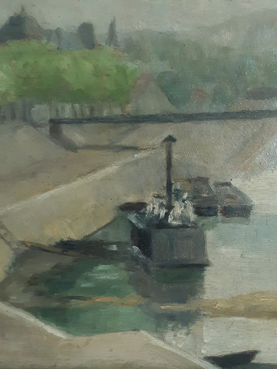 Huile sur bois paysage fluvial péniches fleuve H. GAUTHERIN -photo-4