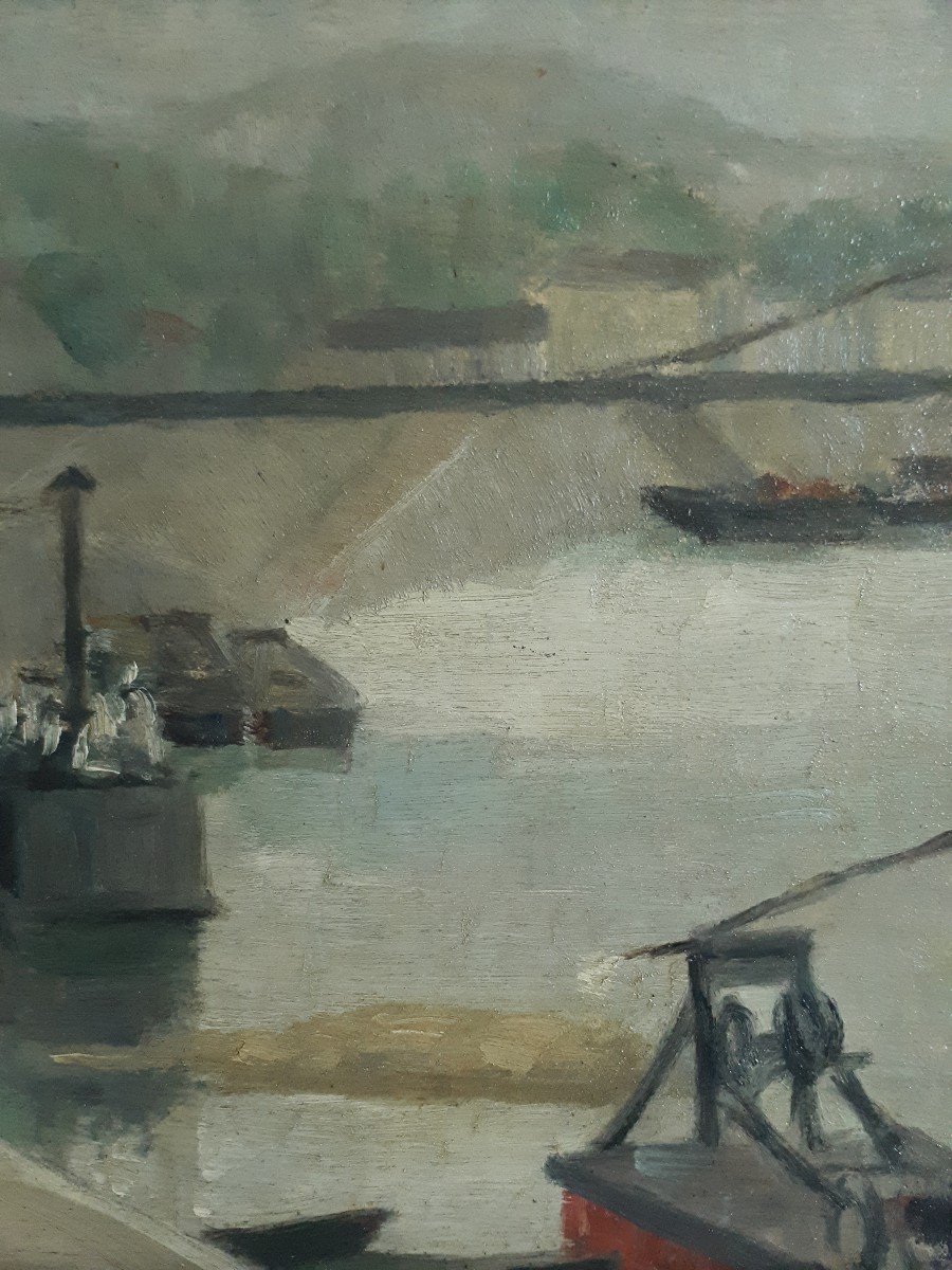 Huile sur bois paysage fluvial péniches fleuve H. GAUTHERIN -photo-1