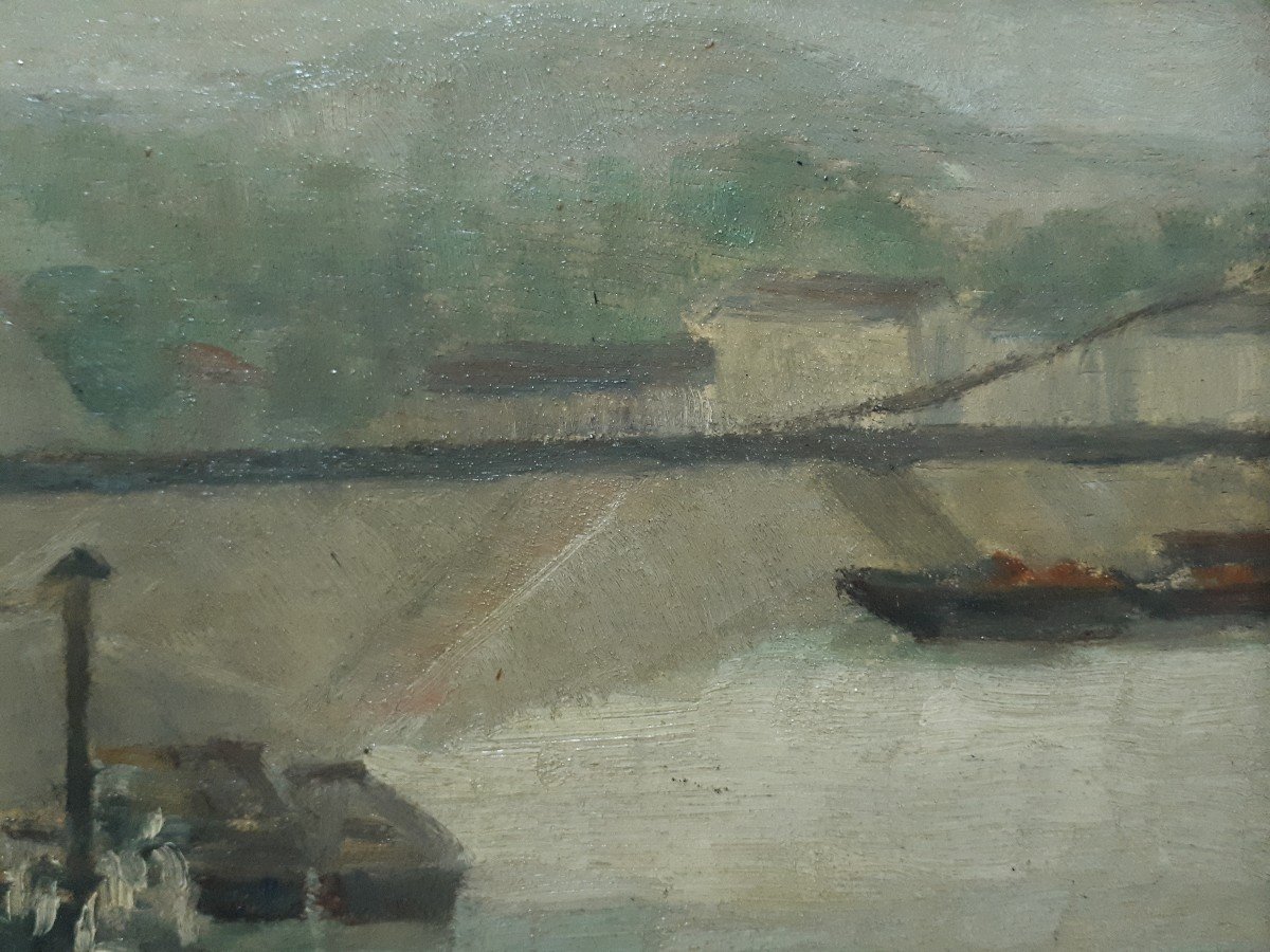 Huile sur bois paysage fluvial péniches fleuve H. GAUTHERIN -photo-5