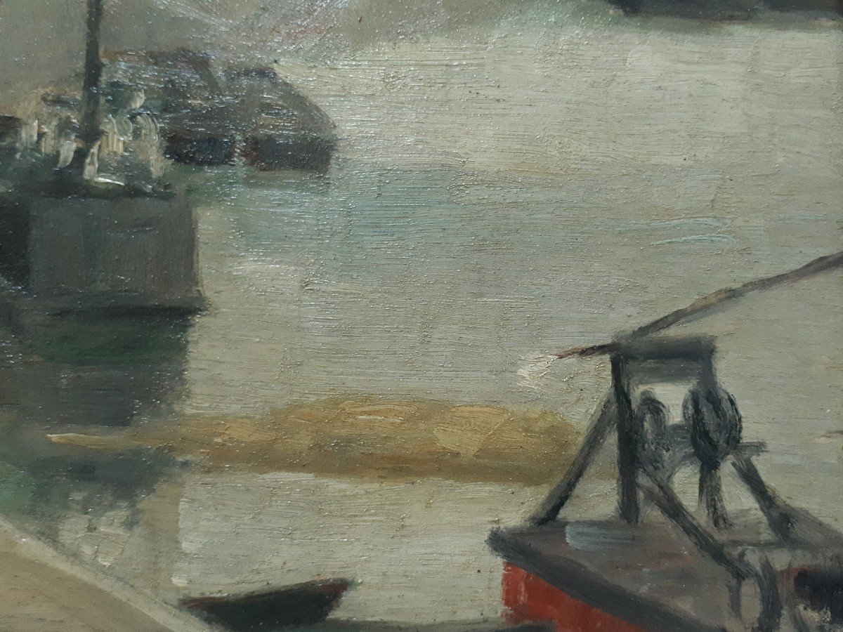 Huile sur bois paysage fluvial péniches fleuve H. GAUTHERIN -photo-6