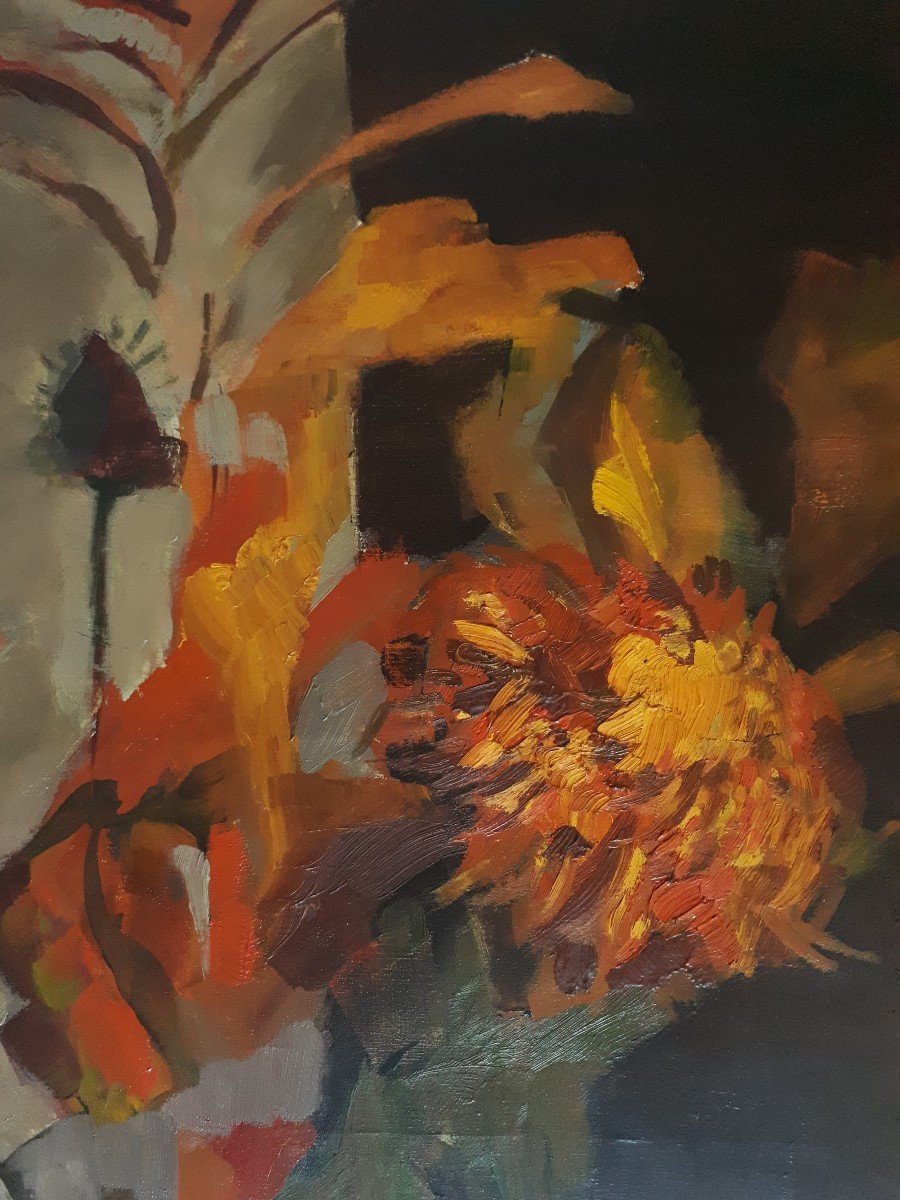 Large Painting Oil On Canvas Still Life Bouquet Of Flowers 1960/1970-photo-4
