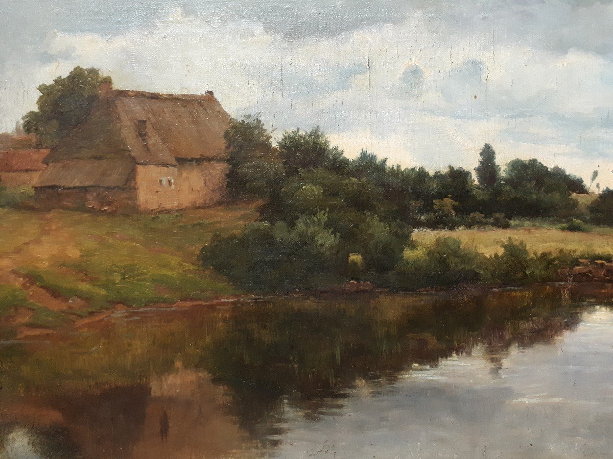 Hugues François VERTET (1847-1924) huile sur toile paysage lacustre du Morvan 19ème-photo-2