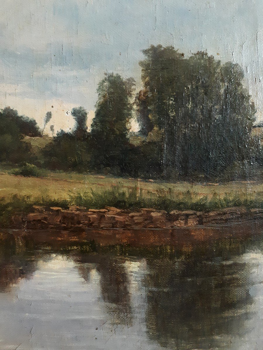 Hugues François VERTET (1847-1924) huile sur toile paysage lacustre du Morvan 19ème-photo-3