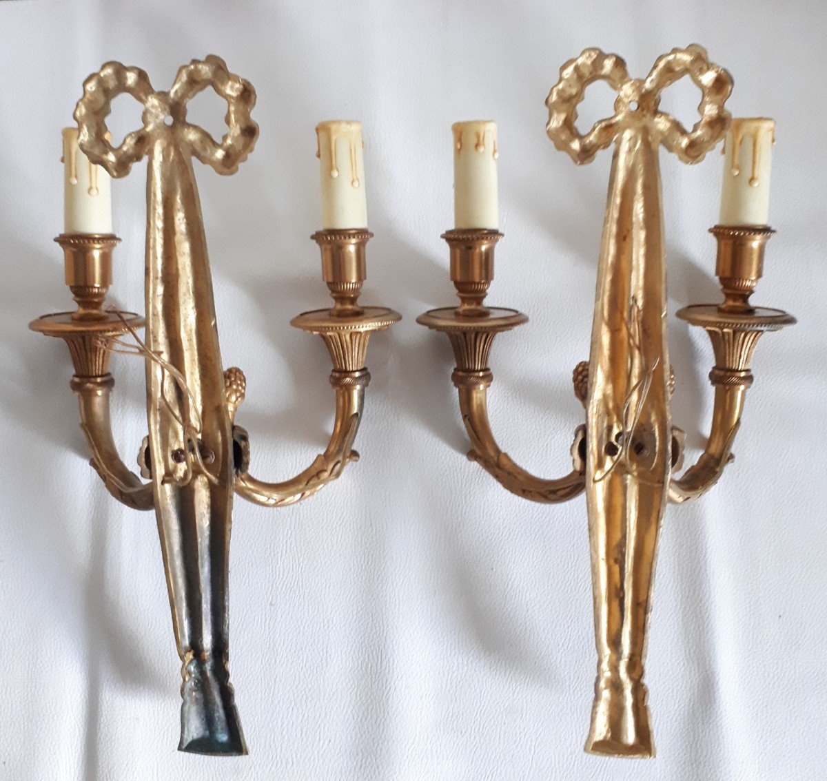 Paire d'appliques en bronze doré passementerie rubans style Louis XVI-photo-4