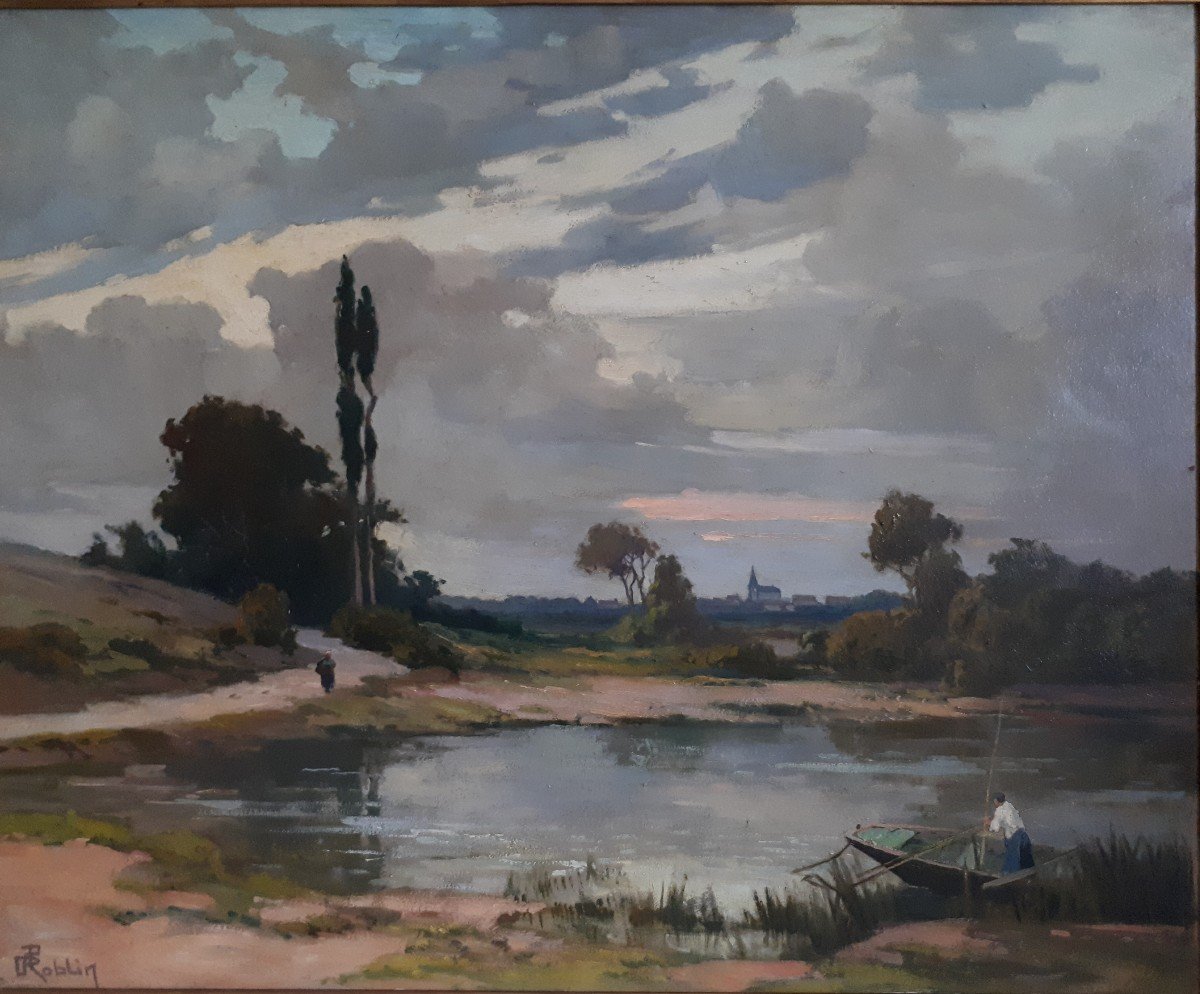 Pierre ROBLIN (XIXème-XXème) huile sur panneau paysage lacustre-photo-2