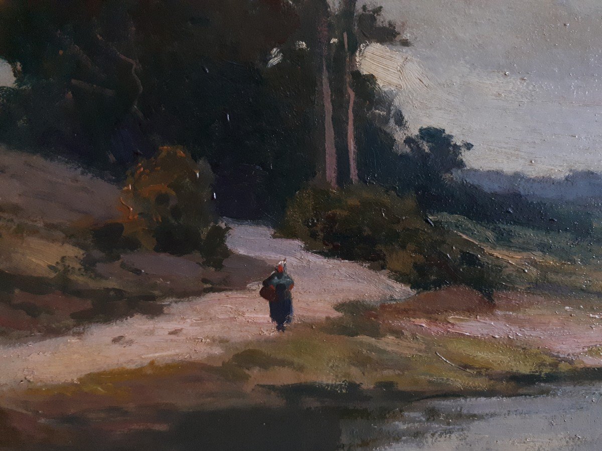 Pierre ROBLIN (XIXème-XXème) huile sur panneau paysage lacustre-photo-4