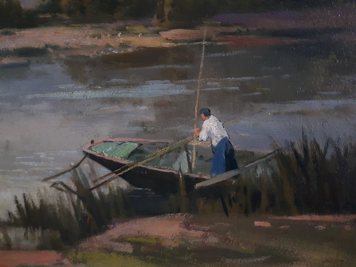 Pierre ROBLIN (XIXème-XXème) huile sur panneau paysage lacustre-photo-5