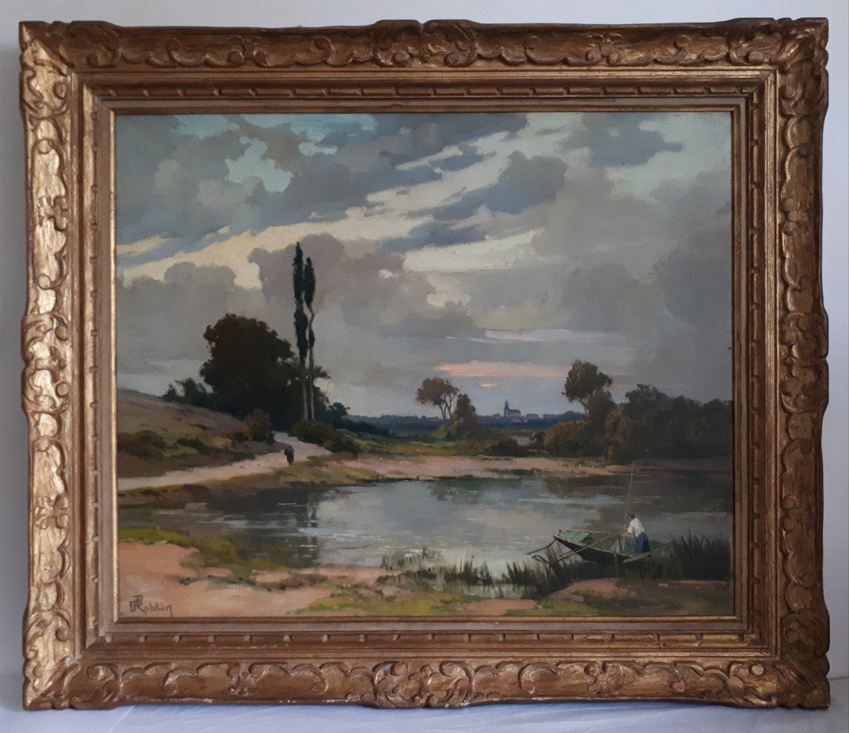 Pierre ROBLIN (XIXème-XXème) huile sur panneau paysage lacustre